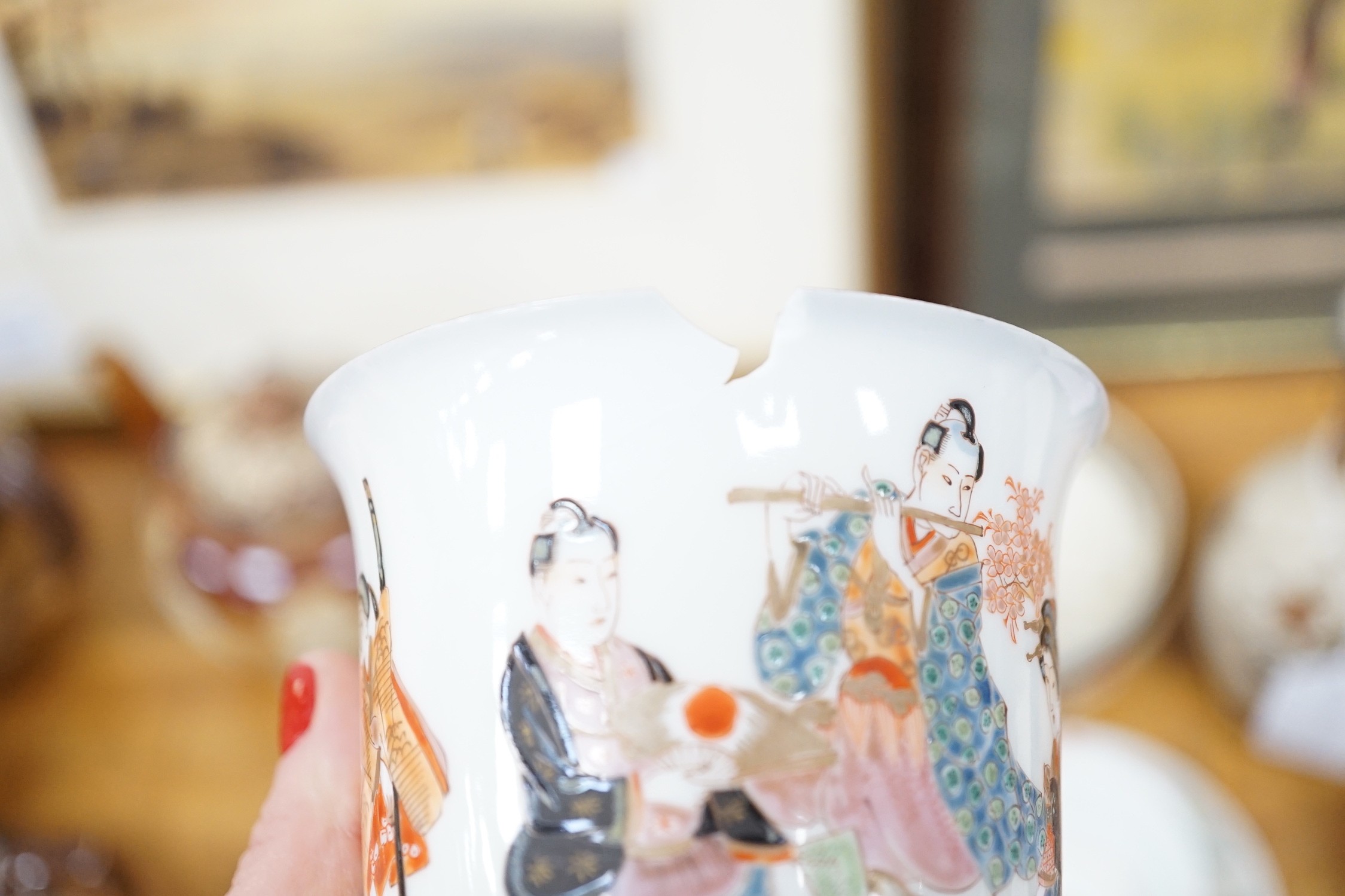 A group of Japanese Satsuma pottery, other ceramics, wood stands etc, a pair of vases 18cms high